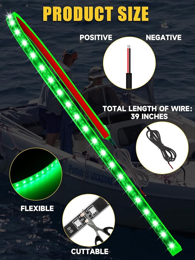 Car LED Strip Lights IP68 Waterproof Cuttable 24inch Green 4 Pcs | 12V Footwell & Underbody Lights, 5050 SMD Beads, Interior & Exterior Light, Fits SUVs, Trucks, Motorcycles, Boats, Golf Carts