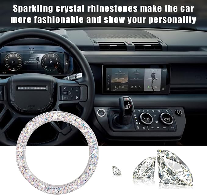 Kewucn 2 PCS Bling Crystal Double Rhinestone Car Engine Start Decoration Ring, Sparkling Push Start Button Sticker, Key Ignition & Knob Ring Decoration, Bling Car Interior Accessory(AB)