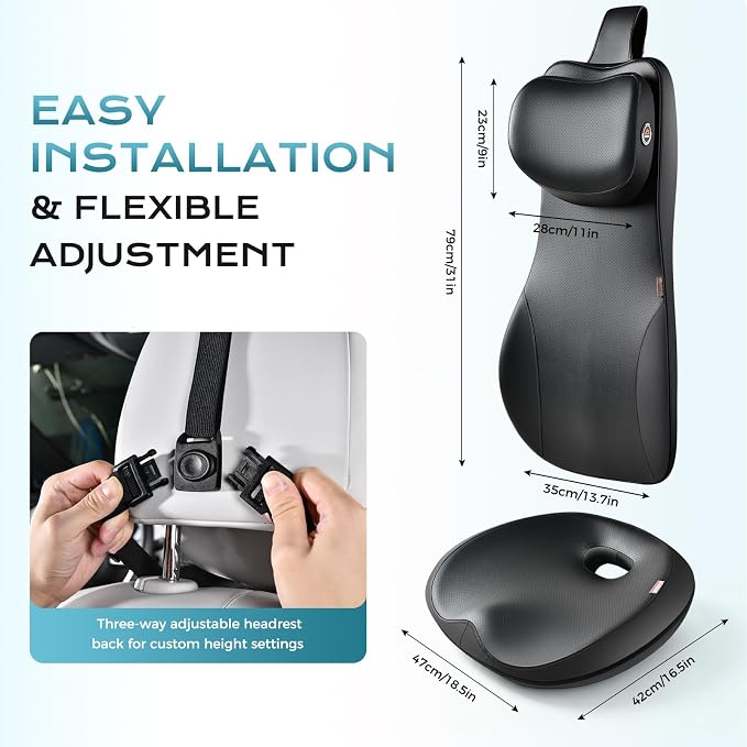 Coverado Car Seat Cushion and One Piece Lumbar Support Headrest Pillow, Adjustable Velcro Design Car Neck Pillow, Ergonomic Memory Foam Car Back Support Driving Seat Cushion for Back Pain Relief,Black