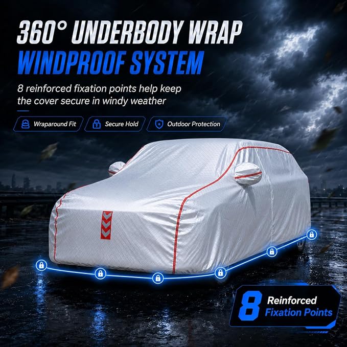 SUV Car Cover, 360° Underbody Wrap Design, All-Weather Waterproof Car Cover, Suitable for SUV Vehicle Body Length 191 to 200 in