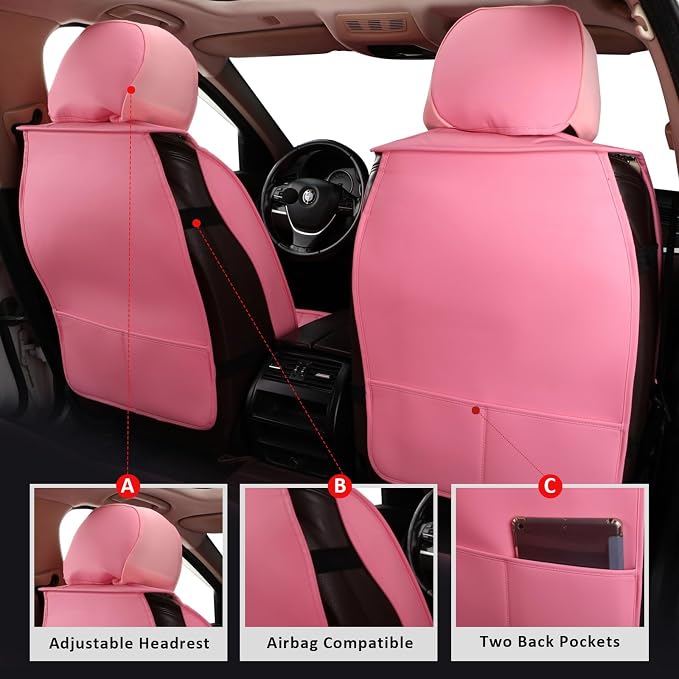 MIROZO Front Seat Covers Pink,Leather Car Seat Covers Waterproof Seat Cover,Automotive Seat Covers Universal Car Seat Protector Seat Cushion for Sedan, Truck and SUV (2PCS Front, Pink)