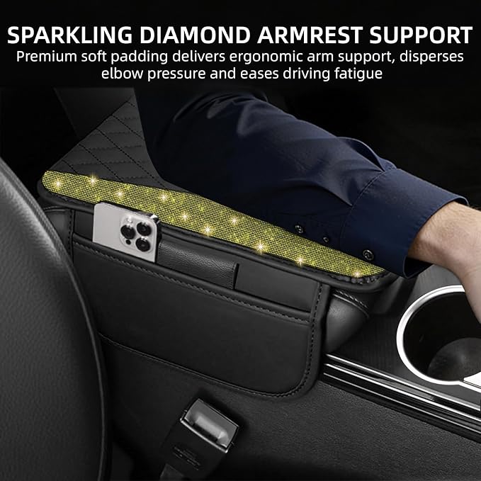 NBTEPEM Bling Car Center Console Cover, Leather Middle Console Cover with 2 Storage Bags, Universal Arm Rest Cover Protector, Bling Car Accessories Interior Fit for Most Vehicles, Yellow Diamond