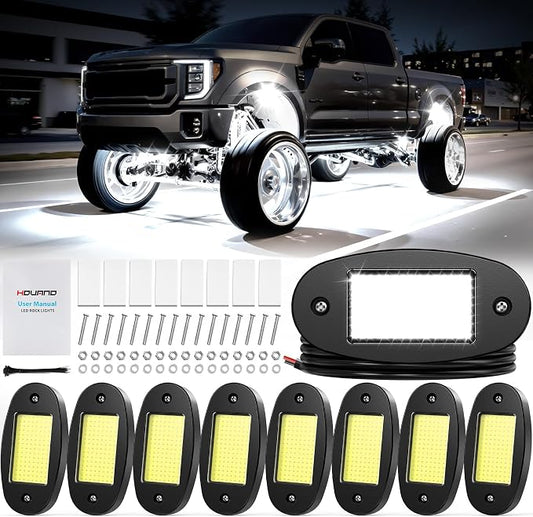 Hovano 8 Pods COB White Rock Lights, 120 COB Chips 6500K Pure White Super Bright Neon Underglow, IP68 Waterproof Shockproof Off-Road Light Kit for Pickup Trucks, SUV, UTV, ATV, RZR, Cars & Boats