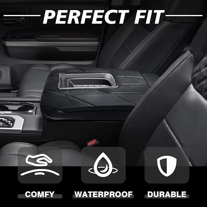 Muslogy Center Console Armrest Cover Fit for Toyota Tundra 2014-2021 Accessories, Comfort Armrest Pad Console Lid Cushion Vegan Leather Regular Thick(Bucket Seat ONLY)