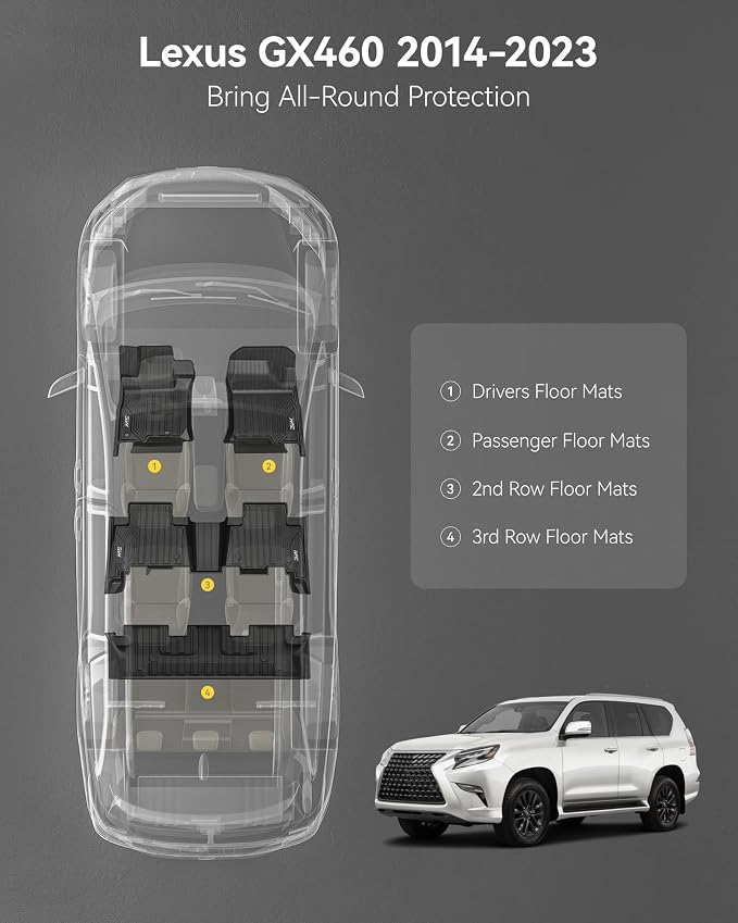 3W Floor Mats for Lexus GX460 2014-2023 (only for 7 seat), TPE All Weather Custom Fit Floor Liner 1st, 2nd&3rd Rows Car Mats, Black