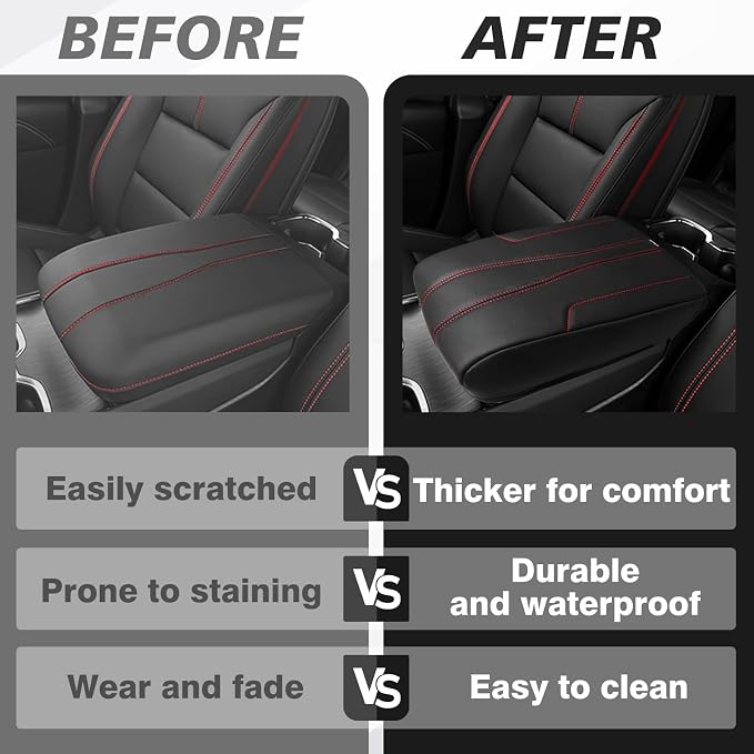 Muslogy Center Console Armrest Cover Fit for GMC Acadia & Chevrolet Chevy Traverse 2024-2026 Accessories, Comfort Armrest Pad Console Lid Cushion Vegan Leather Regular Thick (Black/White Trim)