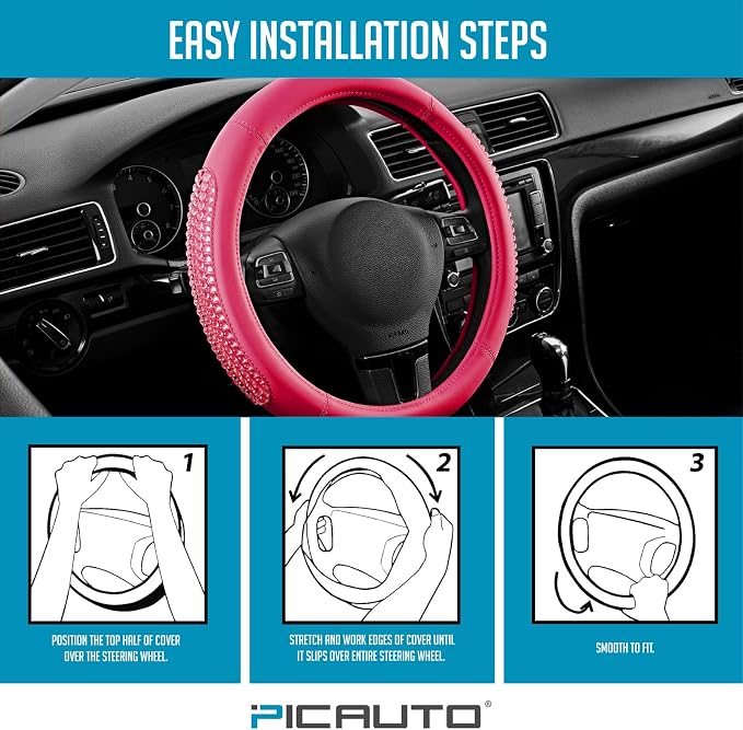 PIC AUTO Steering Wheel Cover, HotPink Leather, Fits 14.5-15.5 Inch Wheels | Universal Steering Wheel Cover with Anti-Slip Grip, Durable Car Interior Accessory, Fits Most Cars, SUVs, Trucks and Vans