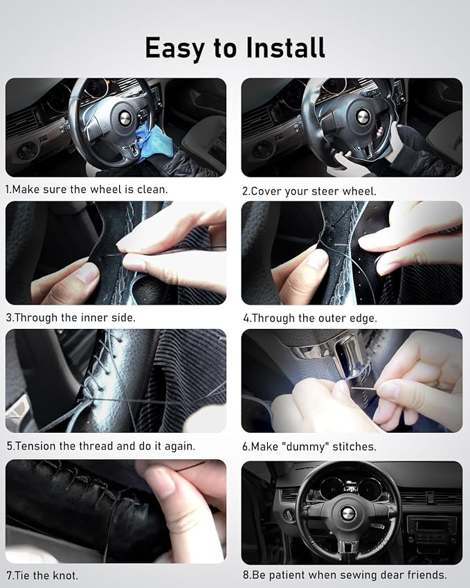 Belinous Leather Steering Wheel Cover Lace Up, Stitch on Steering Wheel Wrap, Universal Fit 13-20 Inch Car Truck Pickup Boat, A Whole Piece of Cowhide, DIY w/Needle Thread (Size XXL0, Black & Red)