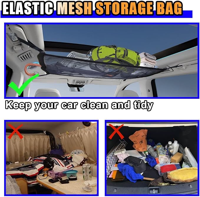 Car Ceiling Cargo Net for SUV - 28.9'' x 22.3'' Roof Cargo Net Organizer Car Ceiling Storage Net - Mesh Car Roof Storage Organizer for SUV Truck Long Road Trip Car Camping Essentials (Monolayer)
