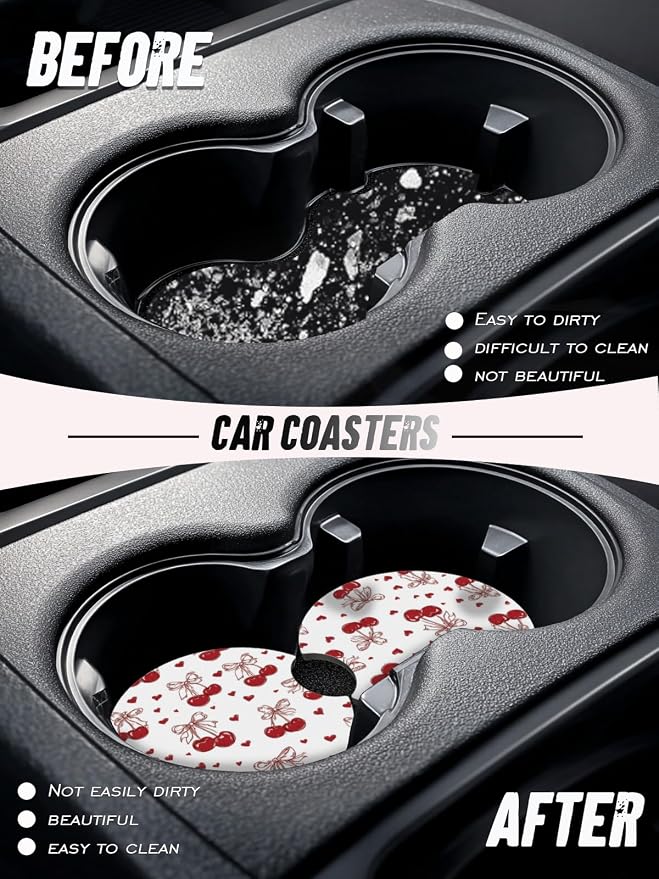 Car Cup Coasters,2 Pack Car Coaster,2.75inch Anti Slip and Absorbent Cars Coasters for Cup Holders,Car Accessories for Women,Cute Decor for Women (Bowknot Cherry)