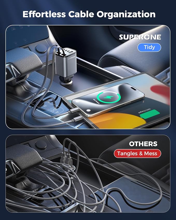 [Upgraded] 6 in 1 Retractable Car Charger, SUPERONE Smaller Fast Car Phone Charger 69W with Cord, USB C and iPhone Car Charger Adapter, Compatible iPhone 17/17 Pro Max/16/15/14/13/12/11, Sumsung