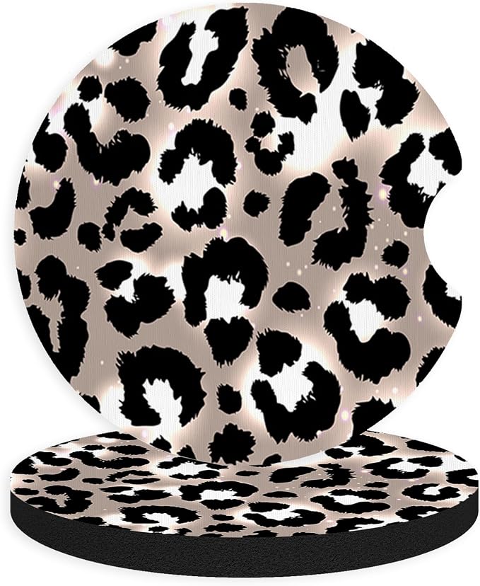 2pcs Cute Leopard Print Car Coasters,Absorbent Universal neoprener Cup Holder Coasters with a Finger Notch,Car Accessories for Women&Man Interior，2.75" 3