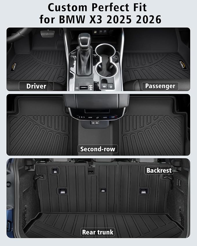 Floor Mats Custom Fit for BMW X3 2025 2026 M50/30 xDrive Trunk Mat with Backrest Mat All Weather TPE Rubber Cargo Liner Anti-Slip Full Set for BMW X3 Accessories (Trunk Mat+Backrest Mats+Floor Mats) | All Weather TPE Rubber Floor Liners, Cargo Liner, B...