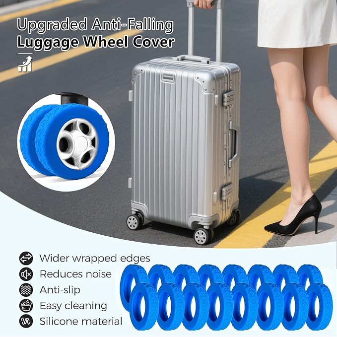 16 Pcs Luggage Wheel Covers, Anti-Noise, Fits 2-2.4" Spinners, Blue | Widened & Thickened Silicone, Anti-Noise & Scratch-Proof, Fits 2-2.4" Carry-On Luggage Wheels, Easy Slip-On