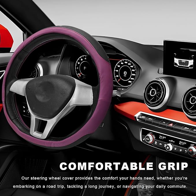 Sun Walker Steering Wheel Cover, Breathable Leather Steering Wheel Covers with Perforated Sides, Anti-Slip Comfortable Grip Auto Sleeve for 14.5-15 Inch Wheels, Car Accessories (Purple)