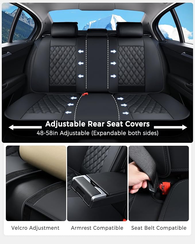 Huidasource Back Seat Cover, Nappa Leather Rear Seat Cover Velcro Adjustable, Compatible with Armrests, Seat Belts, Child Safety Seats, Fit for Most Cars SUVs Trucks (Back Row/Black)