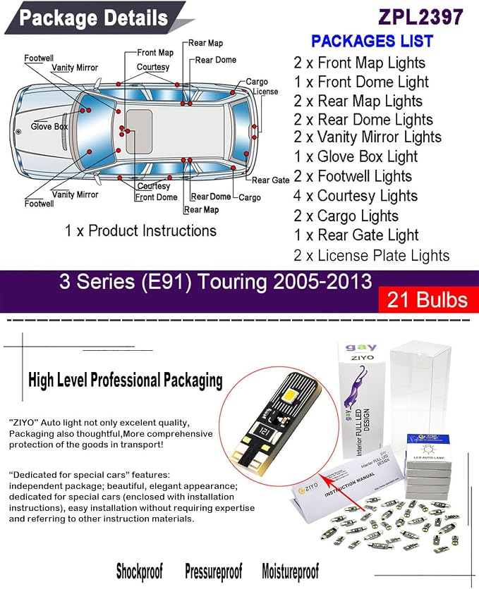 ZIYO LED Interior Light Kit Replacement for BMW E90 E91 E92 E93 3 Series 2005-2013, 6000K Xenon White LED Dome Light Bulbs Upgrade Error Free (BMW E91 Touring (21 Bulbs))
