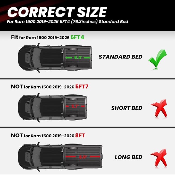 LASFIT 6.4FT Truck Bed Mat for Ram 1500 2019-2026 Standard Bed (6FT4/76.3inches) NOT for Classic Model or Model with RamBox, All Weather TPE Custom Fit Truck Cargo Bed Liner, Black