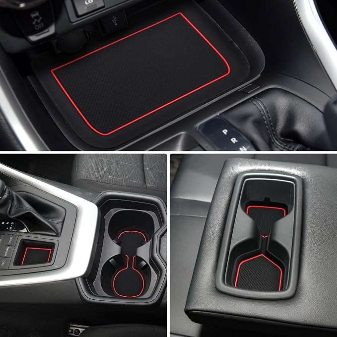 Auovo 3D Cup Holder Insert Liners Compatible with Toyota RAV4 Accessories 2025 2024 2023 2022 2021 2020 2019 Car Custom Cup Holder Mats Pads 4-pc Set (Red Trim)