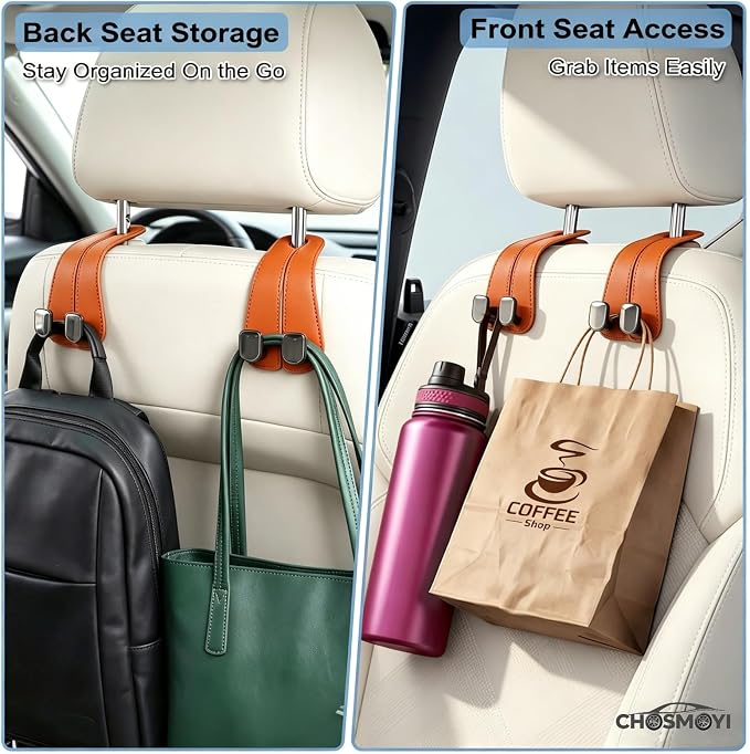 CHOSMOYI 2 Packs Car Seat Hooks, Leather Car Headrest Hook, Car Purse Hook Seat Back Hanger Storage Organizer, Car Hook for Purses and Bags(Burnt Orange)