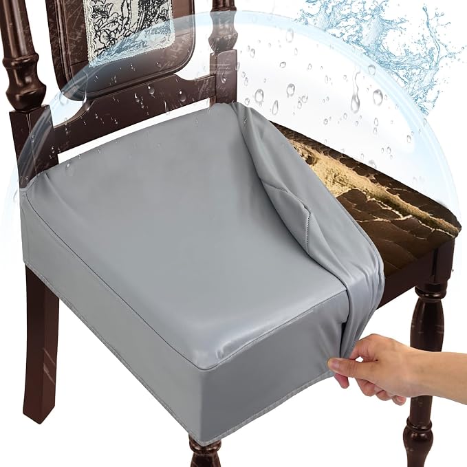 Waterproof Dining Chair Seat Covers Leather Kitchen Seat Covers, Stain Resistant Stretch Chair Seat Covers for Dining Room Chairs Set of 6, Rear Covered Washable Dining Chair Covers Gray