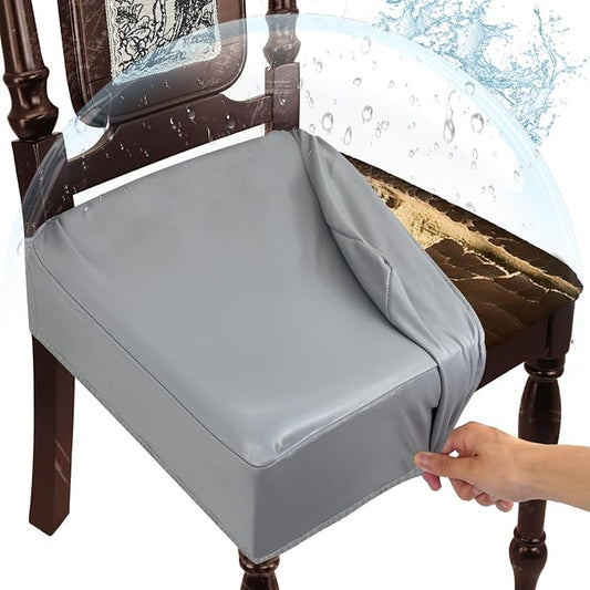 Waterproof Dining Chair Seat Covers Leather Kitchen Seat Covers, Stain Resistant Stretch Chair Seat Covers for Dining Room Chairs Set of 6, Rear Covered Washable Dining Chair Covers Gray