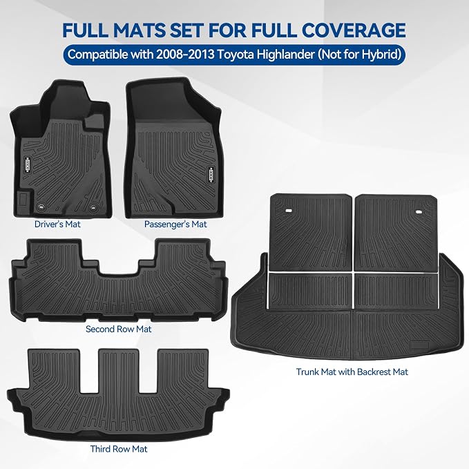Custom Fit Floor Mats for 2008-2013 Toyota Highlander | (Not for Hybrid) All Weather TPE Floor Liners with Trunk Mat & Backrest Protectors | Odorless Full Set Interior Accessories