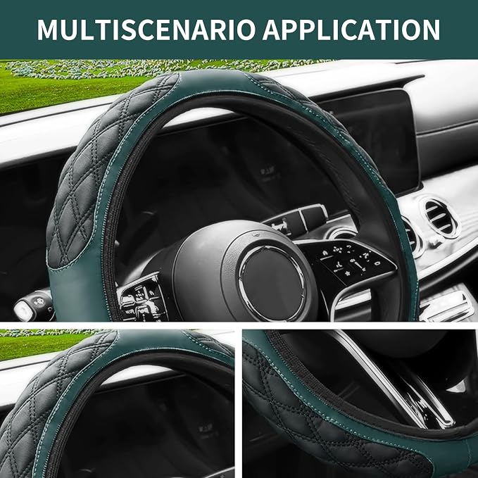 15 Inch Leather Steering Wheel Cover, Automotive Accessories Breathable Anti-Slip Elastic Soft Wheel Protector, Fit for Most SUVs Trucks and RVs (Dark Green)