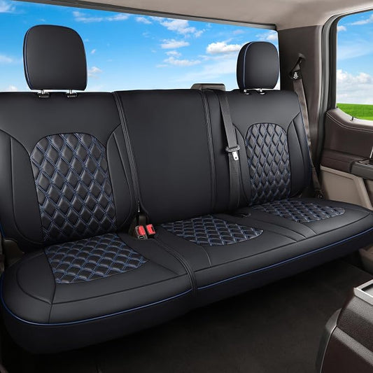 Huidasource Custom Fit Ford F150 Rear Bench Split Leather Seat Covers Fit for 2015-2026 F150 SuperCrew & 2017-2026 F250 F350 F450 Super Duty Crew Cab Pickup King Ranch Platinum(Back Row/Black&Blue)