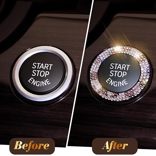 Crystal Bling Push Start Button Cover Accessories for Women - Emblem Sticker Car Key Ignition Starter & Knob Ring