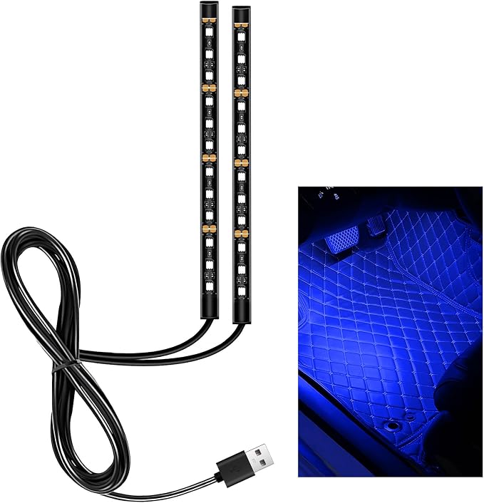 Car LED Strip Light, 12V 24 LEDs RGB Car Interior Atmosphere Lamp with USB Port, Vehicle Under Dash Floor Ambient Night Decorative Lighting Kit (Blue)