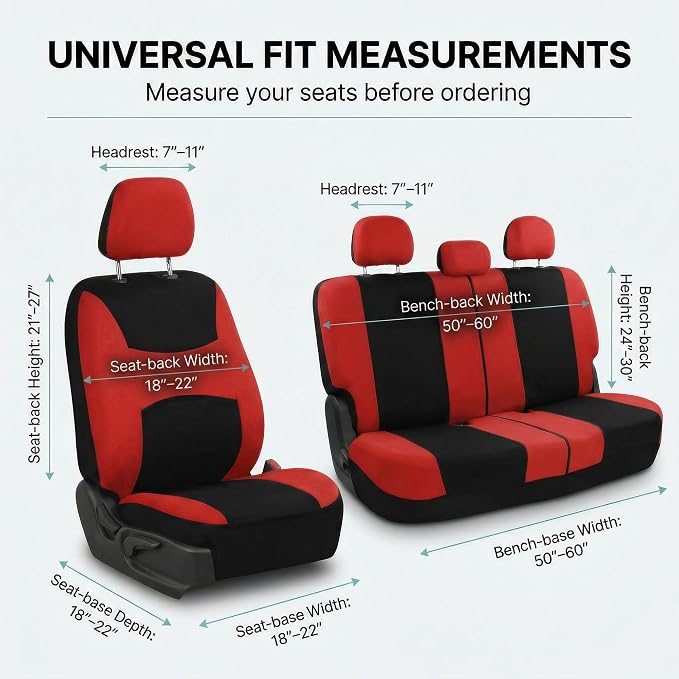FH Group Universal Automotive Seat Covers 8 Seater Set | Light & Breezy Flat Cloth Washable Car Seat Cover for SUV, Sedan, Truck | Airbag Compatible Interior Upgrade - Red/Black