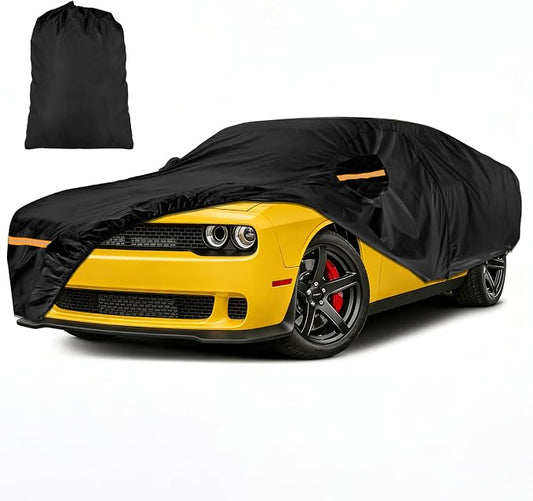 Car Cover for Dodge Challenger 2007-2025 | Heavy Duty Outdoor Full Exterior Cover | Sun, Rain, UV, Dust, and Snow Protection with Door Zipper (Black)