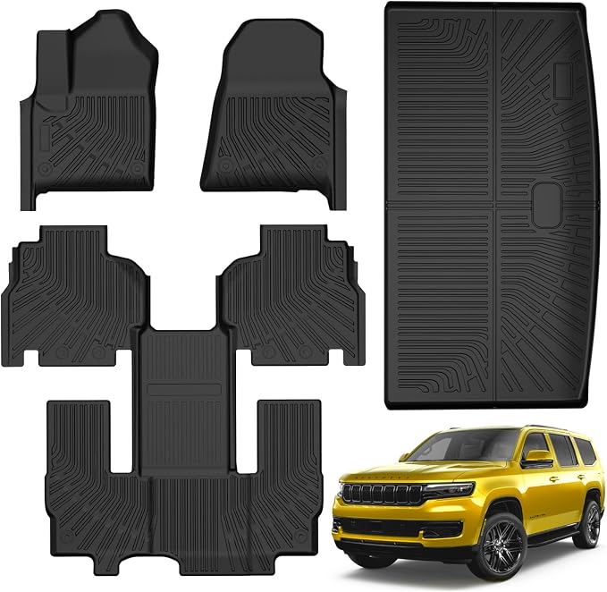 KUST Floor Mats for 2022-2025 Jeep Wagoneer Accessories (7 Seater Only), All Weather Floor Lines & Rear Trunk Mat, TPE Rubber, Raised Edge, Extended Lip (Not for 8-Seat/L/S)