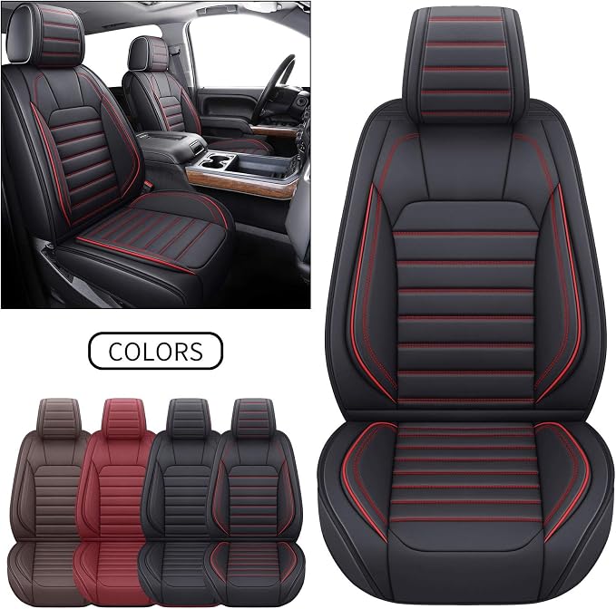 YIERTAI Chevy Silverado Seat Covers Compatible with GMC Sierra fit 2007-2025 2026 1500/2500/3500HD Trail Boss Z71 Crew Double Extended Cab LTZ LT RST Waterproof Leather(2 PCS Front only/Black-Red)