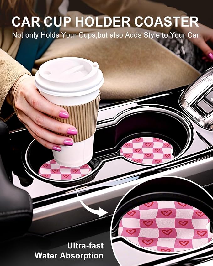 Swooflia 2 Pack Absorbent Ceramic Car Coasters for Women - 2.55 Inch Heart Checkered Pink Car Cup Holder Coasters with Cork Base, Funny Car Accessories, New Driver Gifts