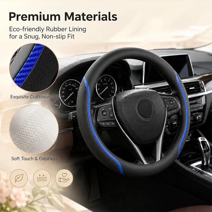 Steering Wheel Cover Blue and Black Leather Universal 14.5-15 inch | Carbon Fiber Car Steering Wheel Covers with Coasters Microfiber Breathable Anti-Slip Steering Wheel Accessories Set
