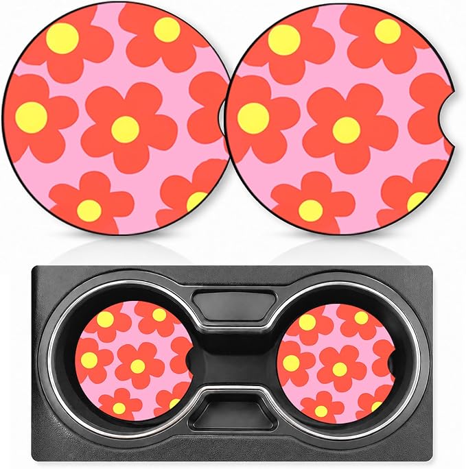 2PCS Flower Car Cup Holder Coasters Neoprene Car Coasters Universal | 2.75" Anti-Slip Rubber Mat with Finger Slot for Vehicle SUV Truck Vivid Cars Accessories Flower Gifts for Women Men