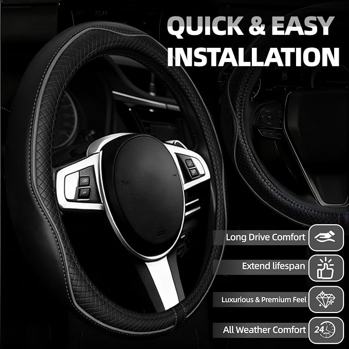 NBTEPEM Microfiber Steering Wheel Cover and Waterproof Car Floor Mats, Universal Fit Most Truck, SUV, Cars, 14.5-15inch Sporty Steering Wheel Covers with Anti-Slip Lining (Black with Grey line)