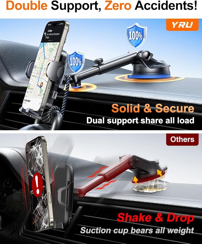YRU True Military-Grade [360° Rotation Suction] 2026 Ultimate Car Phone Holder Mount【90+LBS Safest Strongest & Patent Certs】 Dash Windshield for iPhone 17 16 Pro Max Speakerphones, Light Gray