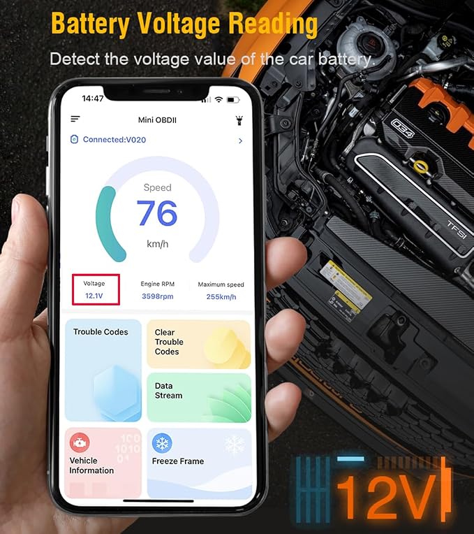 Car OBD2 Scanner Bluetooth for iPhone iOS Android OBDII Diagnostic Scan Tool Code Reader for Error Code Clear Braking Performance Test