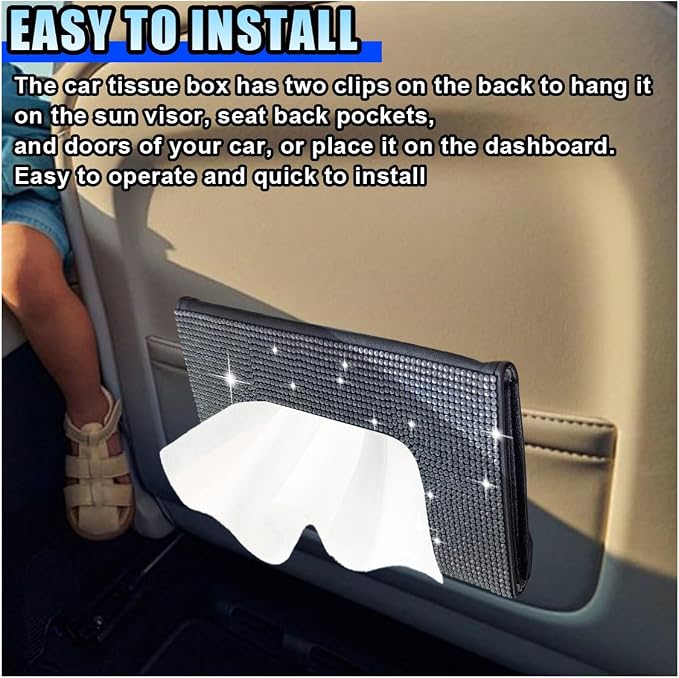 Bling Car Sun Visor Tissue Box Holder, PU Leather Auto Paper Towel Cover, Glitter Crystal Rhinestone Napkin Holder, Car Decoration Accessories for Women (Black/White)