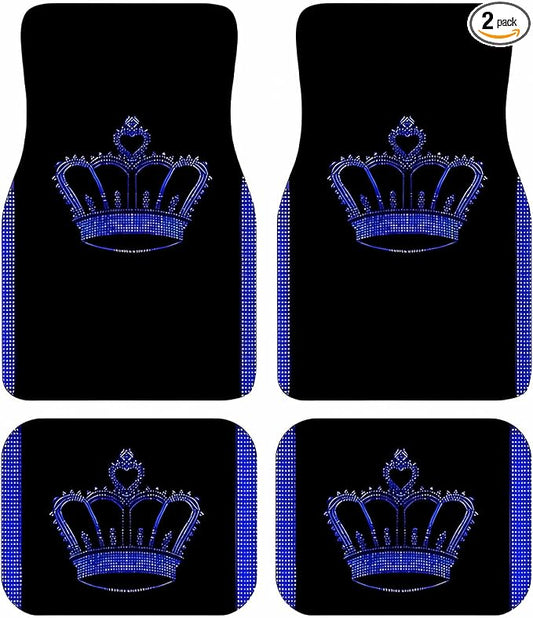 Universal Fit Car Floor Mats Set of 4Pcs, Blue Crown Pattern All-Weather Front Rear Car Carpet Mats, Non-Slip Car Floor Mat Car Accessories for Automotive Trucks SUV Sedans Vans