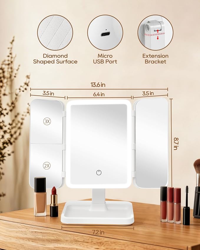 BWLLNI Trifold Vanity Mirror with Lights, Diamond Lattice Makeup Mirror, 2X/3X Magnification, 3 Colors Dimmable, 270° Rotation, Height Adjustable Stand with Storage Base