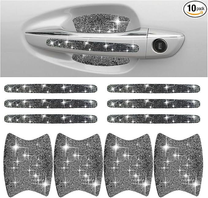 JOYCOURT 10PCS Bling Car Door Handle Anti-Scratch Sticker, Glossy Black | Universal Car Door Handle Cup Protective Cover, Adhesive Door Bowl Sticker, Shiny Rhinestone Auto Decor Accessories for Women