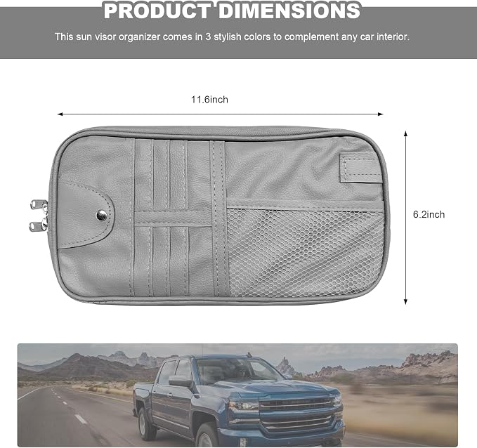 Car Sun Visor Organizer, Multi-Purpose Visor Storage Holder with Elastic Bands & Glasses Clip, Multi-Pocket Sunshade Organizer Soft Leather Storage Pouch for Car Truck SUV (Gray)