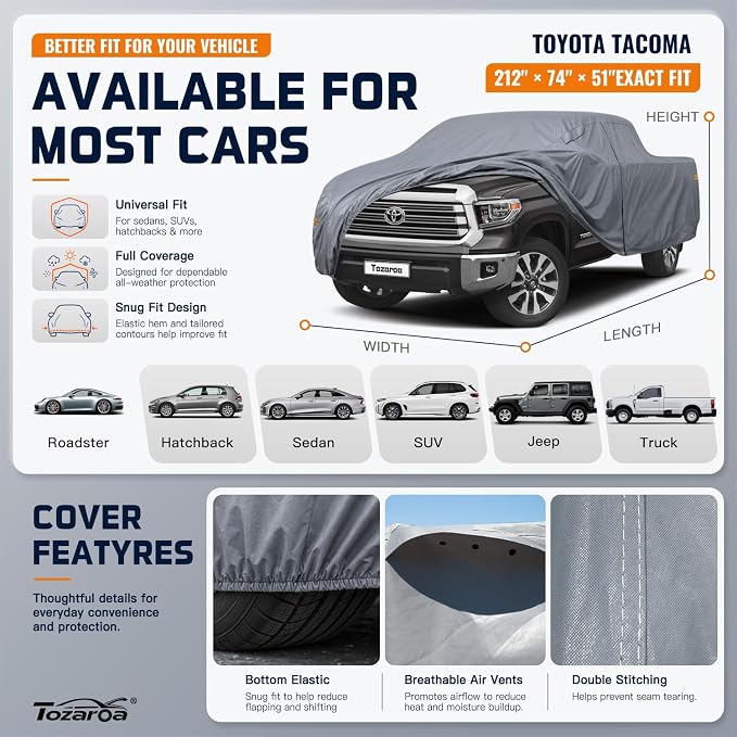 Truck Cover Waterproof All-Weather,Outdoor Full Exterior Pickup Covers(Length 211-228 inch) with Windshield Sun Shade Universal Fit Tacoma, Tundra, F-150, RAM 1500 etc,Size T3 (See SizeChart)