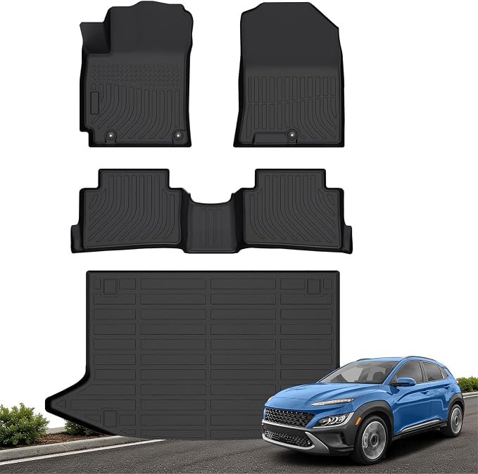 Floor Mats for 2018-2023 Hyundai Kona (No for EV) & Kona N 2022 2023 | All Weather Custom Fit Car Mats Accessories, High Edges Anti-Slip TPE Liners for Kona | Front & 2nd Row & Trunk Mat