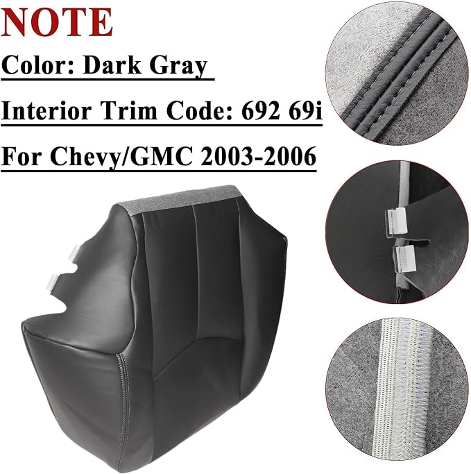 NLQR 6-Piece#692/69i Dark Gray Driver & Passenger Bottom+Top Lean+Armrest Replacement Microfiber Leather Seat Covers Custom Fit for Chevy Silverado Tahoe Suburban Avalanche GMC Sierra Yukon 2003-2006
