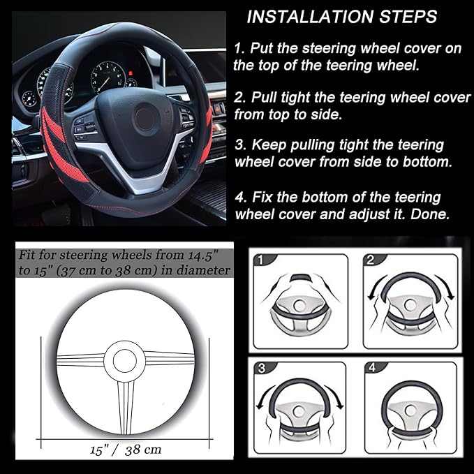 Alusbell Microfiber Leather Steering Wheel Cover Breathable Auto Car Steering Wheel Cover for Women and Men Universal 15 Inches Red